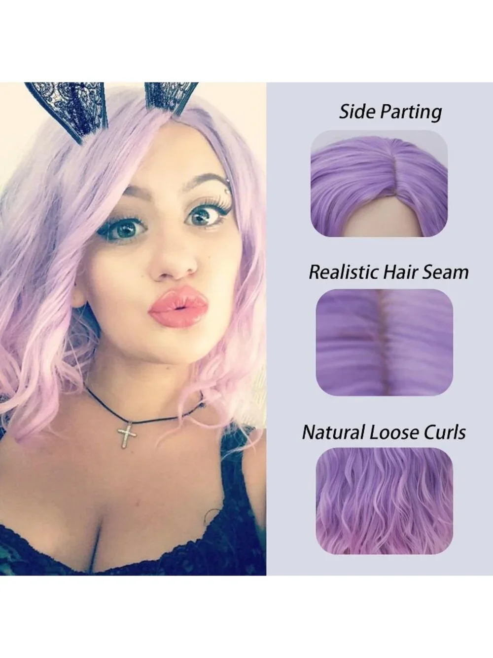 Women's 14 Inch Pink Purple Wavy Bob Wig Short Curly Synthetic Heat Resistant
